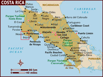 Nosara on map of Costa Rica